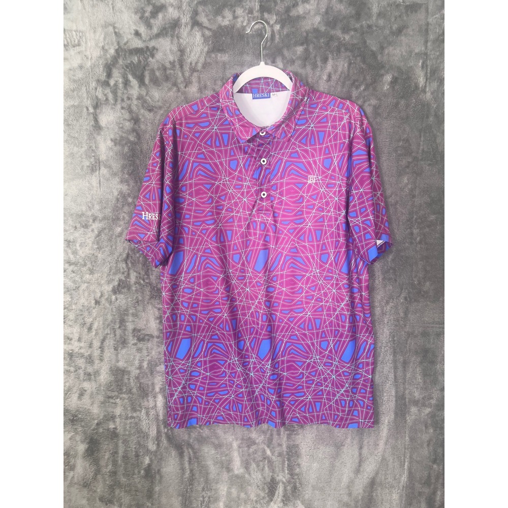 Hreski Mens Medium Purple Blue Geometric Abstract Print Short Sleeve Golf Polo